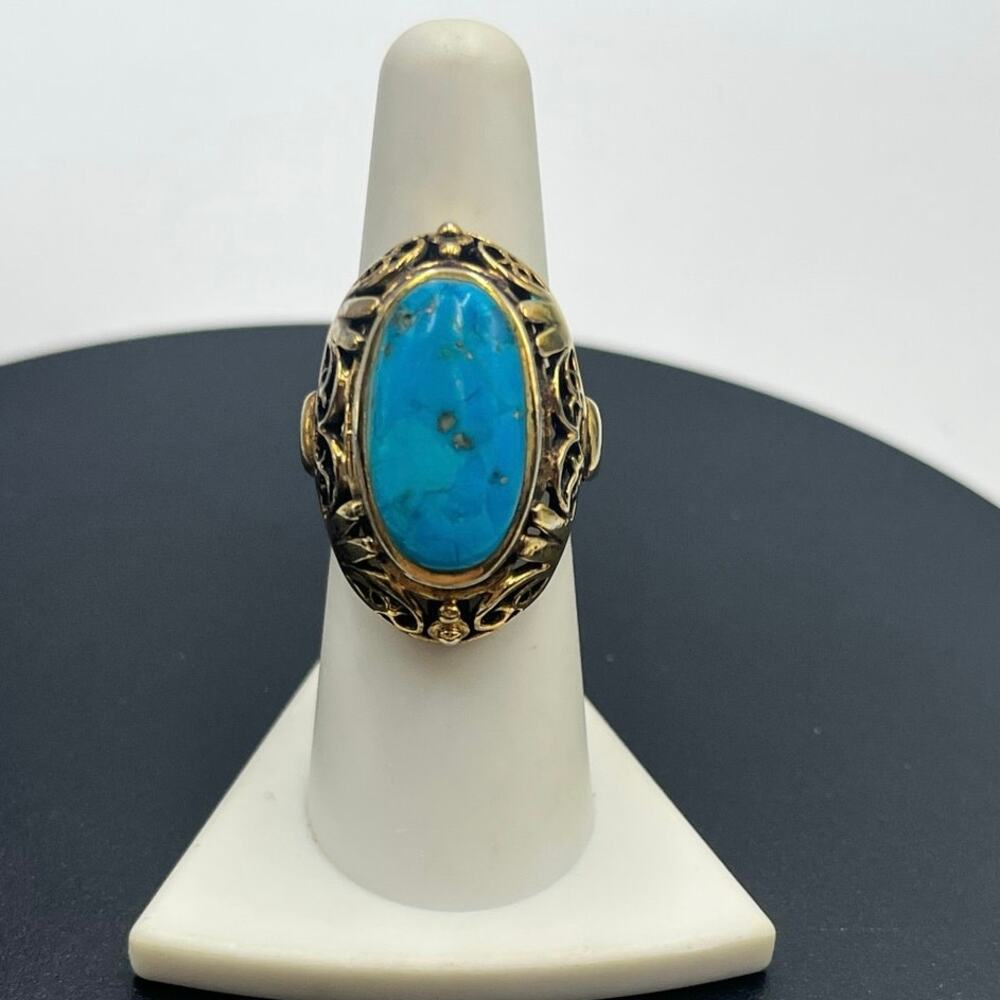 Vintage Designer Sterling Vermeil Turquoise Filigree Chunky Statement Ring Sz 7
